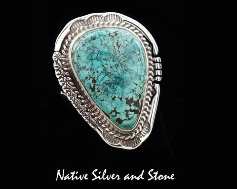 Z John Nelson, Navajo<br>1-1/8" Ring<br>Blue Moon Turquoise<br>Twist, Stamping, & Sawcut<br> Sterling Silver<br>Size  7-3/4