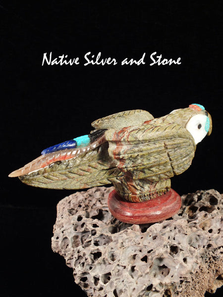 Bird<br>Macaw/Parrot<br>Zuni Fetish Carving<br>Jon Quam<br>Serpentine, Turquoise, Mother of Pearl, Lapis, Jet, Coral, & Dolomite Eyes