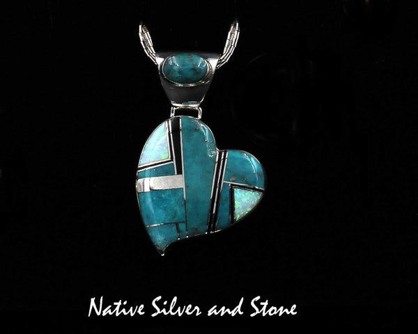 Z Kenneth Bitsie - Navajo<br>1-3/8" Pendant  Multi-Inlay<br>Heart -X Large<br>Kingman Turquoise, Opal, & Onyx<br>Sterling Silver
