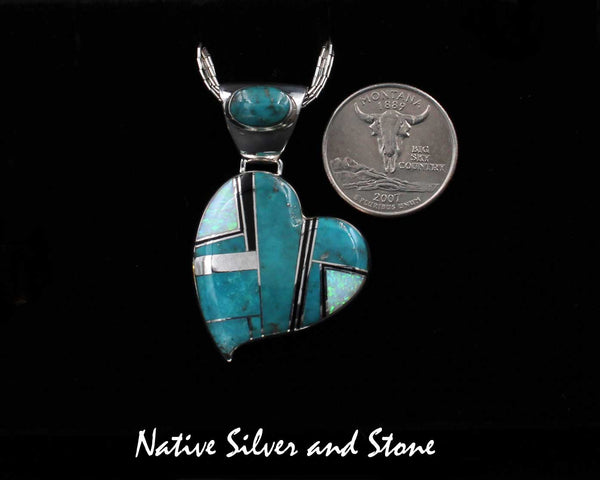 Z Kenneth Bitsie - Navajo<br>1-3/8" Pendant  Multi-Inlay<br>Heart -X Large<br>Kingman Turquoise, Opal, & Onyx<br>Sterling Silver