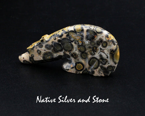 Z Bear on Fours<br>Zuni Fetish Carving<br>Kenny Chavez<br> Leopard Jasper<br>Sterling Silver