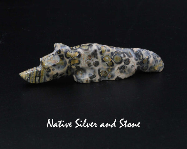 Z Bushytail-Wolf/Fox/Coyote<br>Zuni Fetish Carving<br>Kenny Chavez<br> Leopard Jasper<br>Sterling Silver