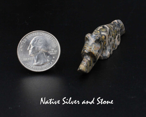 Z Bushytail-Wolf/Fox/Coyote<br>Zuni Fetish Carving<br>Kenny Chavez<br> Leopard Jasper<br>Sterling Silver