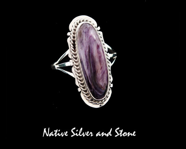 Z Larsen Lee, Navajo<br>1-3/16" Ring<br>Charoite Long Oval<br>Twist & Sawcut<br>Sterling Silver<br>Size  6-3/4