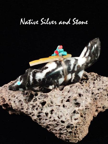 Bushytail-Wolf/Coyote/Fox<br>Zuni Fetish Carving<br>Lena Boone<br>Zebra Stone<br>Bundle-Arrow<br>Gold Lip Mother of Pearl,<br>Turquoise, Lapis, & Jet