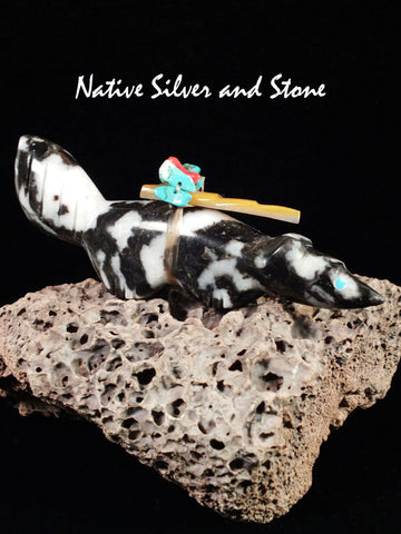 Bushytail-Wolf/Coyote/Fox<br>Zuni Fetish Carving<br>Lena Boone<br>Zebra Stone<br>Bundle-Arrow<br>Gold Lip Mother of Pearl,<br>Turquoise, Lapis, & Jet