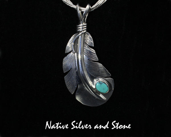 Z Lena Platero<br>Navajo<br>1-5/8" Pendant<br>Medium Feather w Turquoise