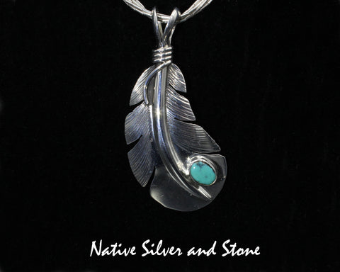 Z Lena Platero<br>Navajo<br>1-5/8" Pendant<br>Medium Feather w Turquoise