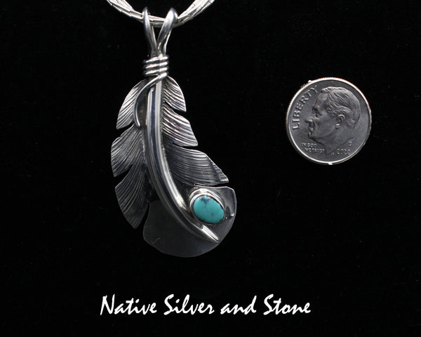 Z Lena Platero<br>Navajo<br>1-5/8" Pendant<br>Medium Feather w Turquoise