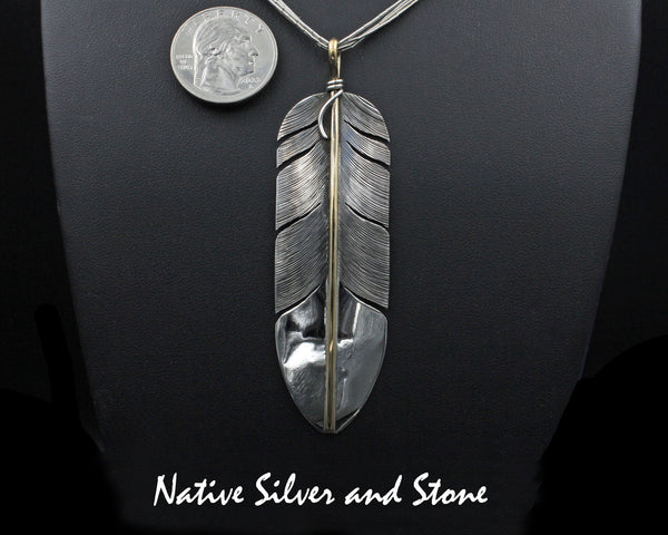 Z Lena Platero<br>Navajo<br>3-1/2" Pendant<br>Large Feather<br>Goldfilled<br>Sterling Silver