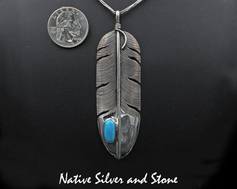 Z Lena Platero<br>Navajo<br>3-1/2" Pendant<br>Large Feather<br>Sleeping Beauty Turquoise<br>Sterling Silver