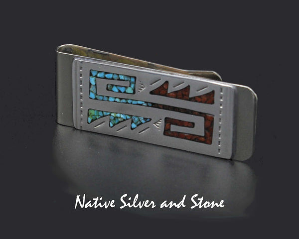 Loretta Bia - Navajo<br>2-1/16 " x 3/4" Money Clip<br>Mosaic Chip Turquoise & Coral<br>Sterling Silver over Nickel-Silver Clip