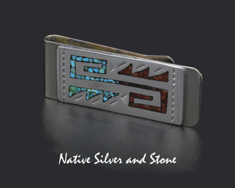 Loretta Bia - Navajo<br>2-1/16 " x 3/4" Money Clip<br>Mosaic Chip Turquoise & Coral<br>Sterling Silver over Nickel-Silver Clip