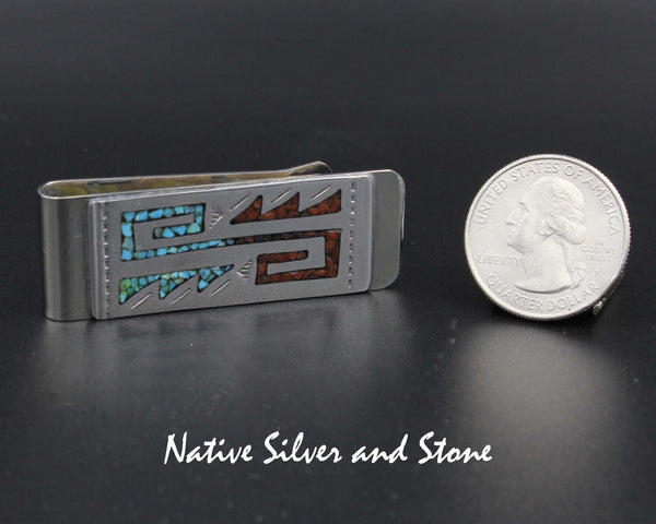 Loretta Bia - Navajo<br>2-1/16 " x 3/4" Money Clip<br>Mosaic Chip Turquoise & Coral<br>Sterling Silver over Nickel-Silver Clip