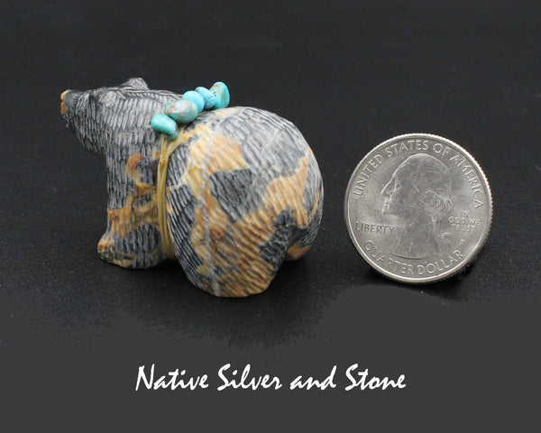 Z Bear on Fours <br>w Turquoise Bundle<br>Zuni Fetish Carving<br>Paulette & Farlan Quam <br>Picasso-Marble<br>Small-Medium