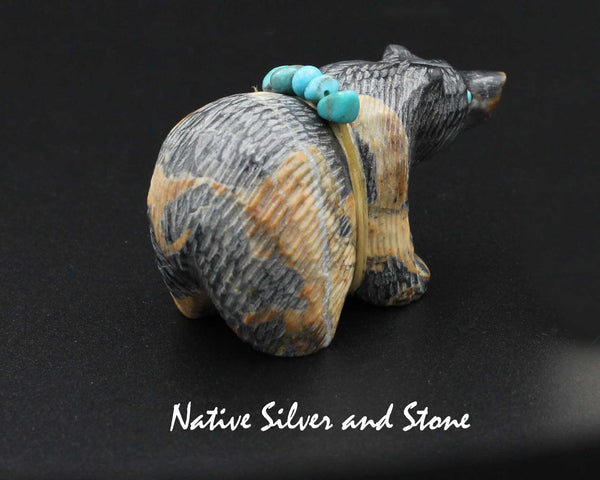 Z Bear on Fours <br>w Turquoise Bundle<br>Zuni Fetish Carving<br>Paulette & Farlan Quam <br>Picasso-Marble<br>Small-Medium