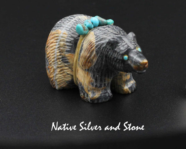 Z Bear on Fours <br>w Turquoise Bundle<br>Zuni Fetish Carving<br>Paulette & Farlan Quam <br>Picasso-Marble<br>Small-Medium