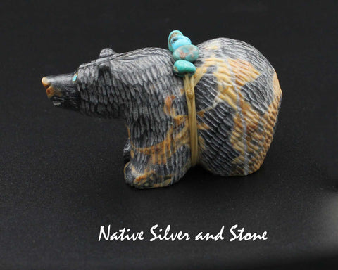 Z Bear on Fours <br>w Turquoise Bundle<br>Zuni Fetish Carving<br>Paulette & Farlan Quam <br>Picasso-Marble<br>Small-Medium