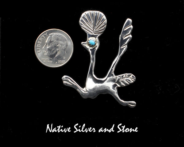Pauline Nelson, Navajo<br>1-9/8" Pin<br>Road Runner - Comical<br>Turquoise Eyes<br>Sterling Silver