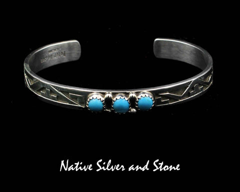 Peter Nelson - Navajo Jewelry<br> 1/4" Bracelet Cuff<br>Oxidized Overlay & Stamping<br>3 Natural Sleeping Beauty Turquoise<br>Small Rounds<br>Sterling Silver <br>Size 6-1/4 (Medium)