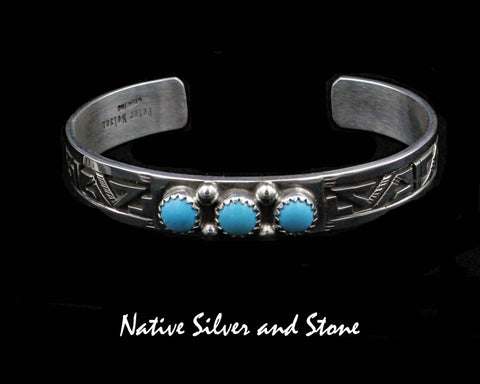 Peter Nelson - Navajo Jewelry<br> 3/8" Bracelet Cuff<br>Oxidized Overlay & Stamping<br>3 Natural Sleeping Beauty Turquoise<br>Med-Small Rounds<br>Sterling Silver <br>Size 6-1/4 (Medium)