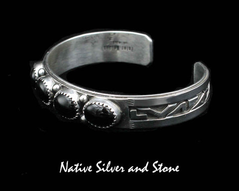 Peter Nelson - Navajo Jewelry<br> 1/2" Bracelet Cuff<br>Oxidized Overlay & Stamping<br>4 Horizontal Onyx<br>Medium Ovals<br>Sterling Silver <br>Size 6-1/4 (Medium)