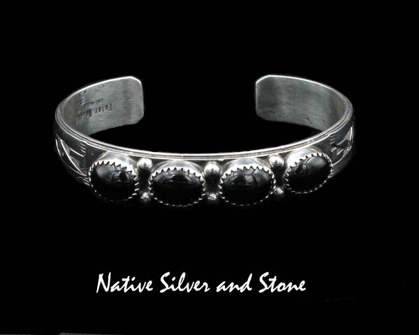 Peter Nelson - Navajo Jewelry<br> 1/2" Bracelet Cuff<br>Oxidized Overlay & Stamping<br>4 Horizontal Onyx<br>Medium Ovals<br>Sterling Silver <br>Size 6-1/4 (Medium)