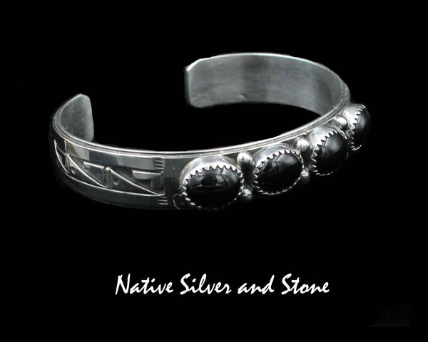Peter Nelson - Navajo Jewelry<br> 1/2" Bracelet Cuff<br>Oxidized Overlay & Stamping<br>4 Horizontal Onyx<br>Medium Ovals<br>Sterling Silver <br>Size 6-1/4 (Medium)