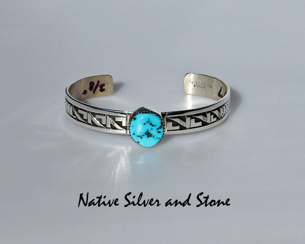 Peter Nelson - Navajo<br>3/8" Bracelet Cuff<br>Oxidized Overlay<br>Kingman Turquoise Oval<br>Sterling Silver <br>Size 6-3/4 (Small-Large)