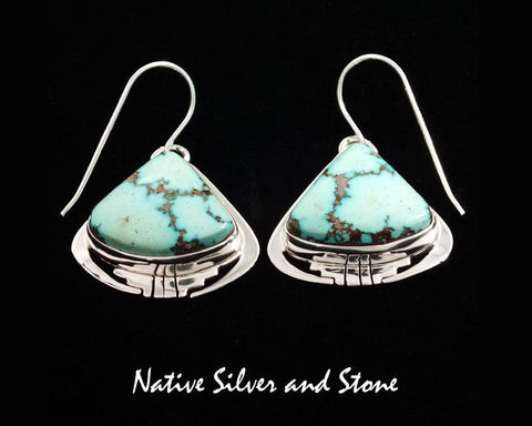 Phillip Sanchez, San Felipe<br>13/16" Earrings<br>Kingman Turquoise<br>Triangles with Sawcut<br>Sterling Silver