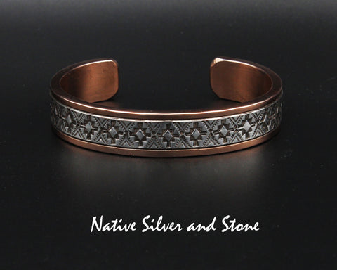 Z Randy Secatero & Sylvana Apache Navajo<br>1/2" Bracelet Cuff<br>Copper with Stamped Silver Overlay<br>Size 6-7/8" (Medium-Large)