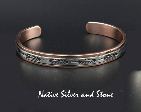 Z Randy Secatero & Sylvana Apache Navajo<br>5/16" Bracelet Cuff<br>Copper with Stamped Silver Overlay<br>Feather<br>Size 6-7/8" (Medium-Large)