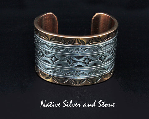 Randy Secatero & Sylvana Apache Navajo<br>BCCS<br>1-1/2" Bracelet Cuff<br>Copper with Stamped Silver Overlay<br>Size 5-15/16" (Small)