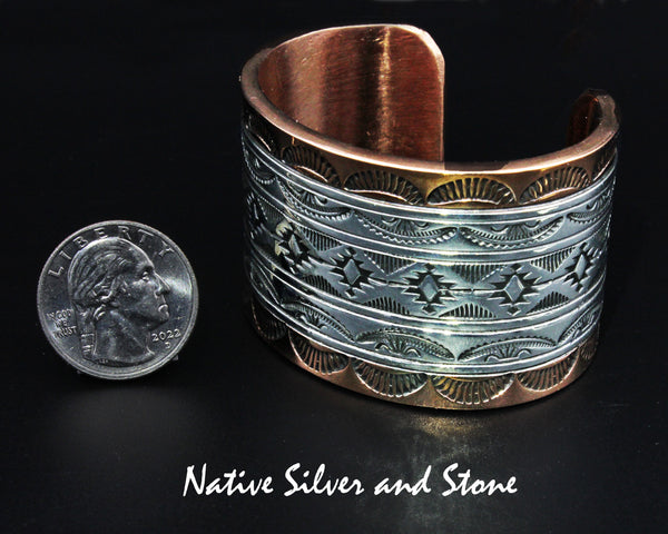 Randy Secatero & Sylvana Apache Navajo<br>BCCS<br>1-1/2" Bracelet Cuff<br>Copper with Stamped Silver Overlay<br>Size 5-15/16" (Small)