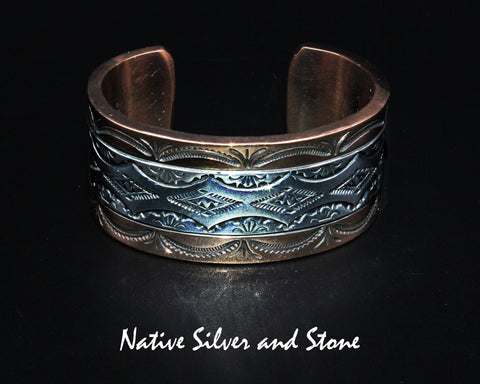 Randy Secatero & Sylvana Apache Navajo<br>BCCS<br>1" Bracelet Cuff<br>Copper with Stamped Silver Overlay<br>Size 5-5/8" (X-Small)