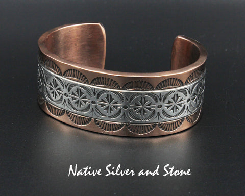 Randy Secatero & Sylvana Apache Navajo<br>BCCS<br>1" Bracelet Cuff<br>Copper with Stamped Silver Overlay<br>Size 6-3/4" (Medium-Large)