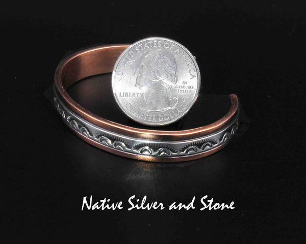 Randy Secatero & Sylvana Apache Navajo<br>BCCS<br>5/16" Bracelet Cuff<br>Copper with Stamped Silver Overlay<br>Size 5-15/16" (Small)