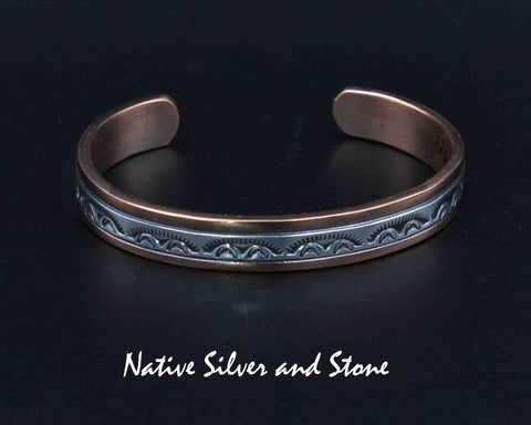 Randy Secatero & Sylvana Apache Navajo<br>BCCS<br>5/16" Bracelet Cuff<br>Copper with Stamped Silver Overlay<br>Size 5-15/16" (Small)