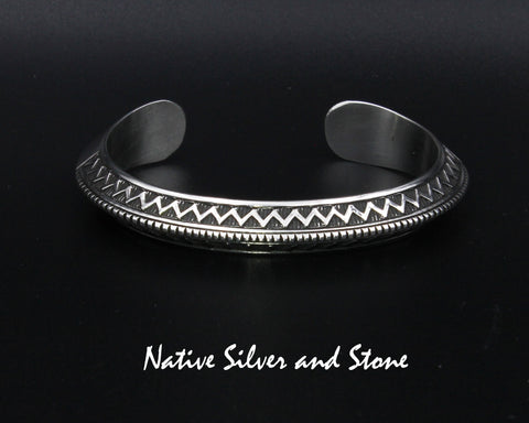 Z Randy Secatero - Navajo<br>3/8" Bracelet Cuff<br>Tri-Angled Overlay<br>Two-Sided Stamping & Saw-cuts<br>8 Gauge<br>Sterling Silver<br>Size 6-1/4 (Medium)