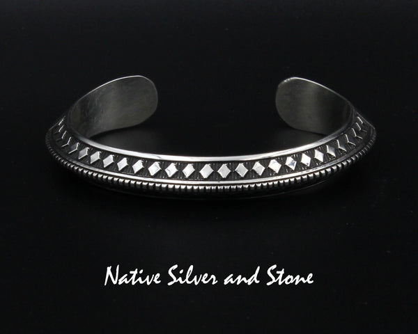 Z Randy Secatero - Navajo<br>3/8" Bracelet Cuff<br>Tri-Angled Overlay<br>Two-Sided Stamping & Saw-cuts<br>8 Gauge<br>Sterling Silver<br>Size 6-1/4 (Medium)