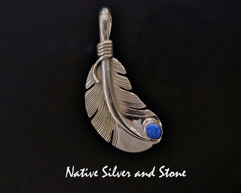 Raymond Coriz<br>Kewa<br>1-5/8" Pendant<br>Medium Feather<br>Lapis Lazuli<br>Sterling Silver