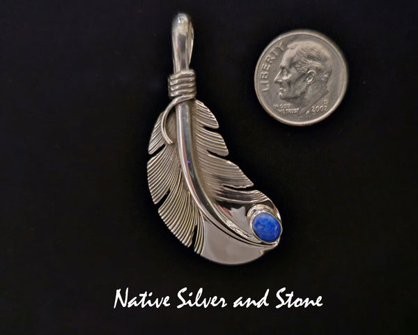 Raymond Coriz<br>Kewa<br>1-5/8" Pendant<br>Medium Feather<br>Lapis Lazuli<br>Sterling Silver