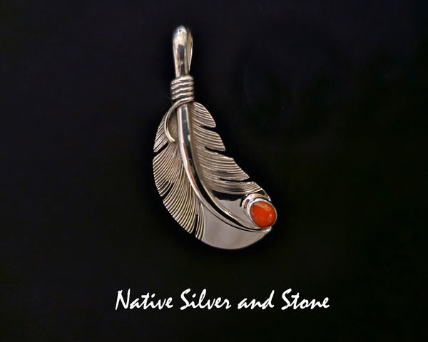 Raymond Coriz<br>Kewa<br>1-5/8" Pendant<br>Medium Feather<br>Coral - Mediterranean Red<br>Sterling Silver