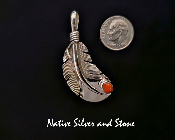 Raymond Coriz<br>Kewa<br>1-5/8" Pendant<br>Medium Feather<br>Coral - Mediterranean Red<br>Sterling Silver