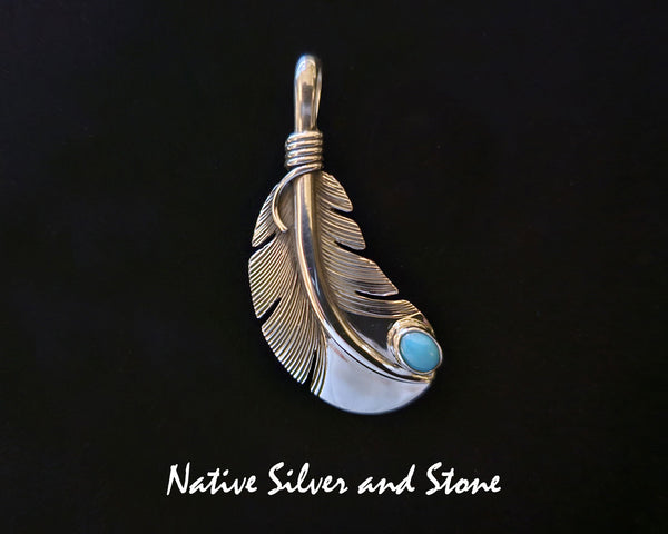 Z Raymond Coriz<br>Kewa<br>1-5/8" Pendant<br>Medium Feather<br>Turquoise - Sleeping Beauty<br>Sterling Silver