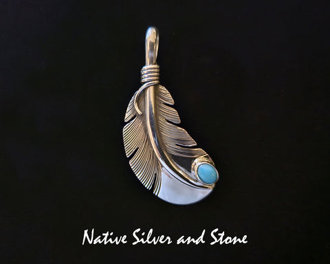 Z Raymond Coriz<br>Kewa<br>1-5/8" Pendant<br>Medium Feather<br>Turquoise - Sleeping Beauty<br>Sterling Silver