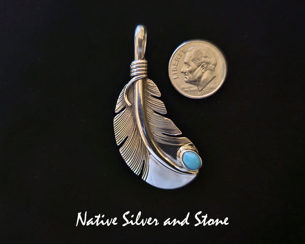 Z Raymond Coriz<br>Kewa<br>1-5/8" Pendant<br>Medium Feather<br>Turquoise - Sleeping Beauty<br>Sterling Silver