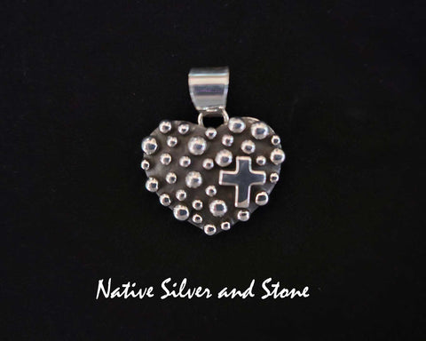 Raymond Coriz - Kewa<br>7/8" Pendant<br>Bubble Beads/Million Drops<br>Heart w Cross (Left as Worn)<br>Sterling Silver (Cast)