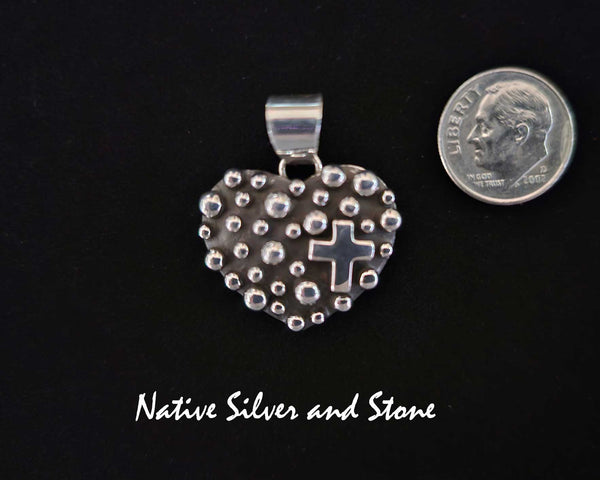 Raymond Coriz - Kewa<br>7/8" Pendant<br>Bubble Beads/Million Drops<br>Heart w Cross (Left as Worn)<br>Sterling Silver (Cast)