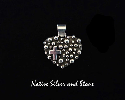 Raymond Coriz - Kewa<br>7/8" Pendant<br>Bubble Beads/Million Drops<br>Heart w Cross (Right as Worn)<br>Sterling Silver (Cast)